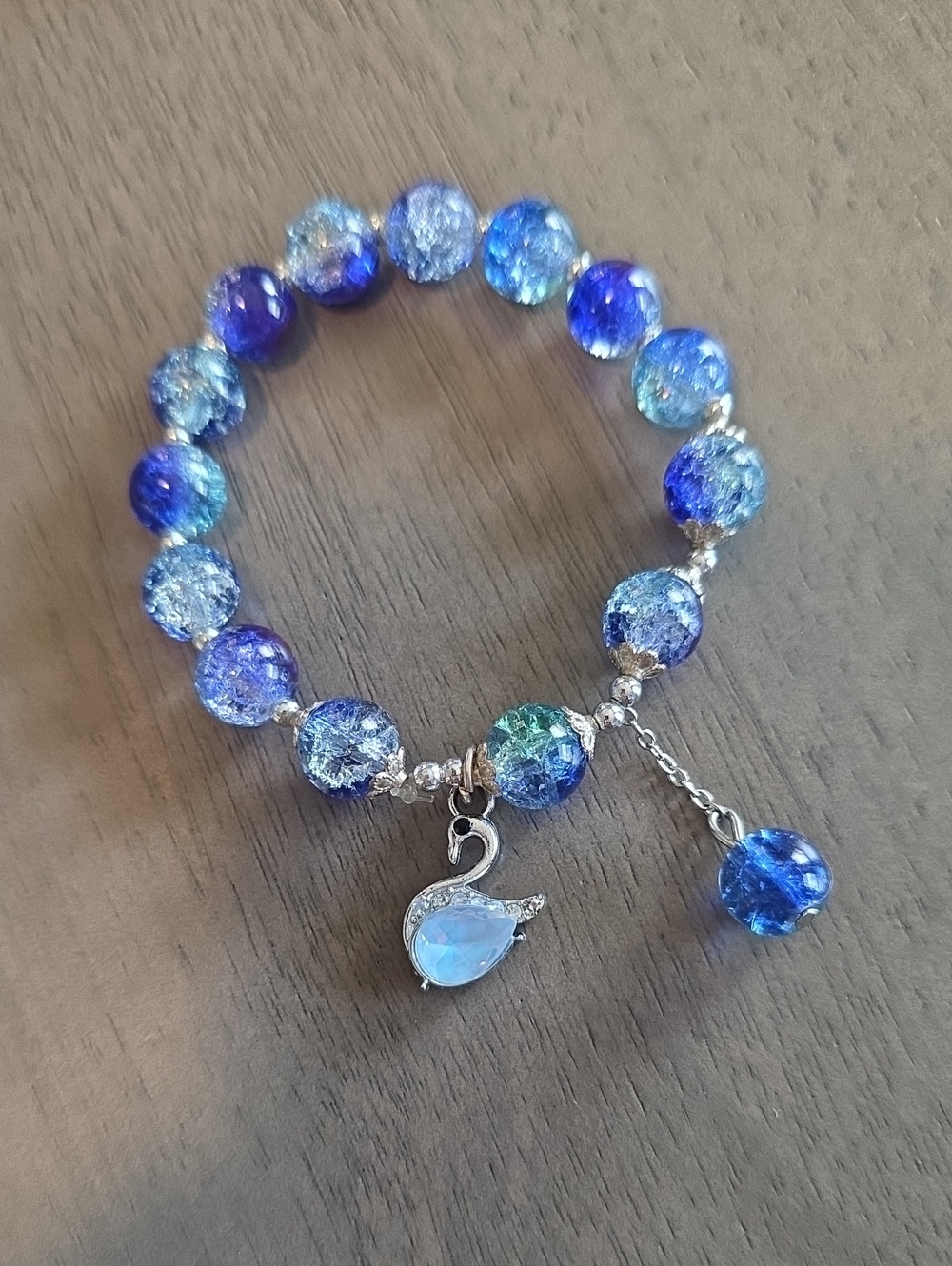 Blue Crystal Bead Swan Charm Bracelet